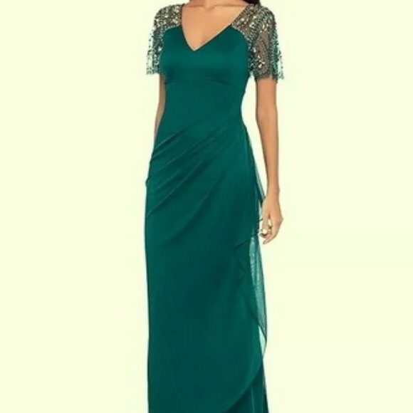 Xscape Neo Emerald Green Xscape Beaded Sleeve Ruched Column Gown - Picture 1 of 4